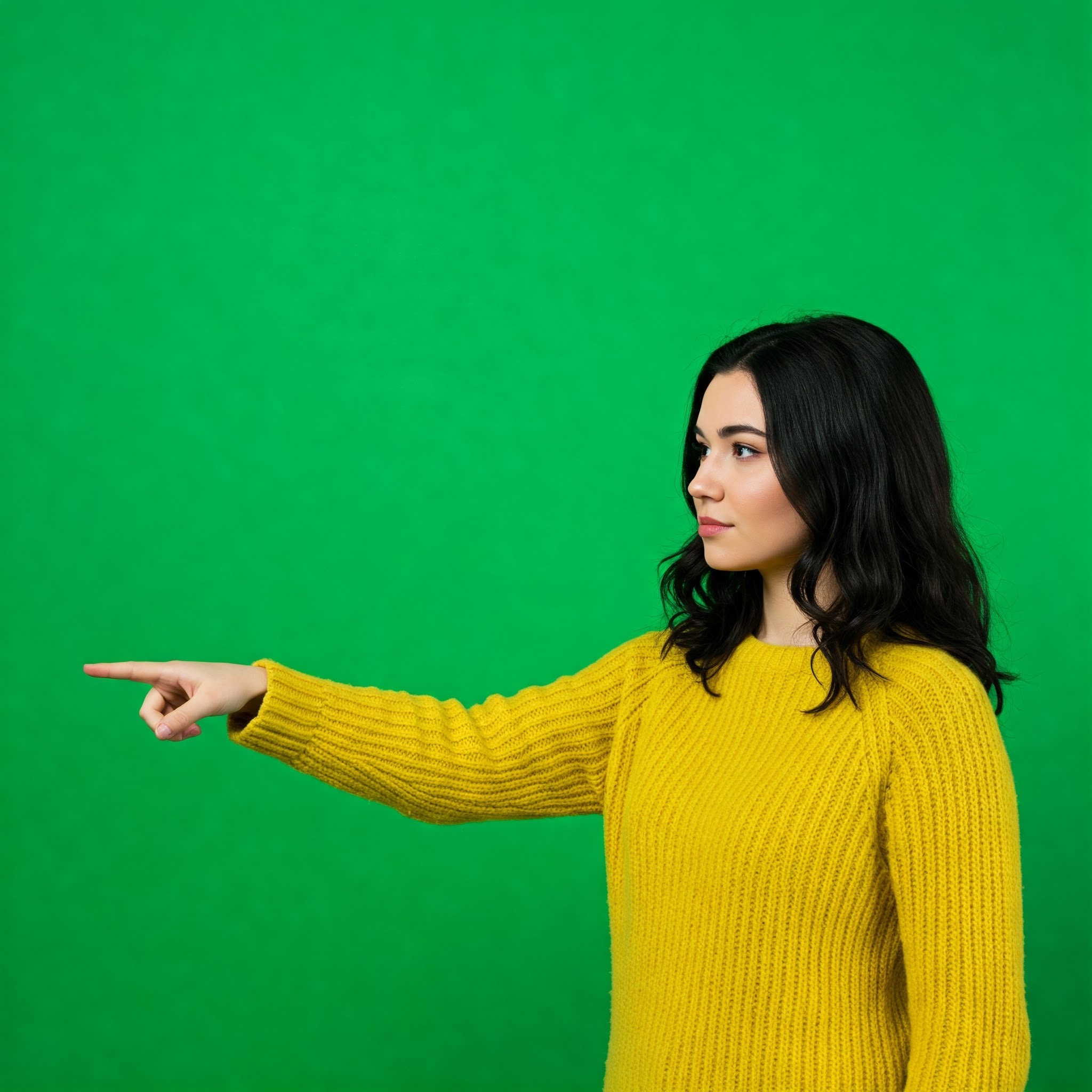 photo of Young Woman in Yellow Sweater Pointing Left in Profile Against Green Screen